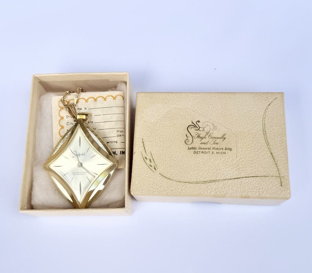 Vintage 1964 Sheffield Swiss Pendant Watch Necklace Works Atomic MCM Box Papers